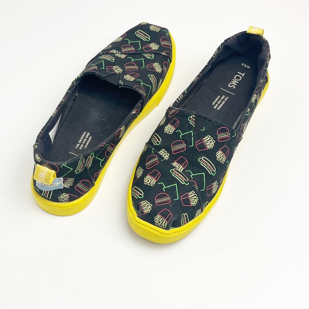TOMS VENICE COLLECTION Black Late Night Food Run Slip On Canvas Shoes, Size 8.5